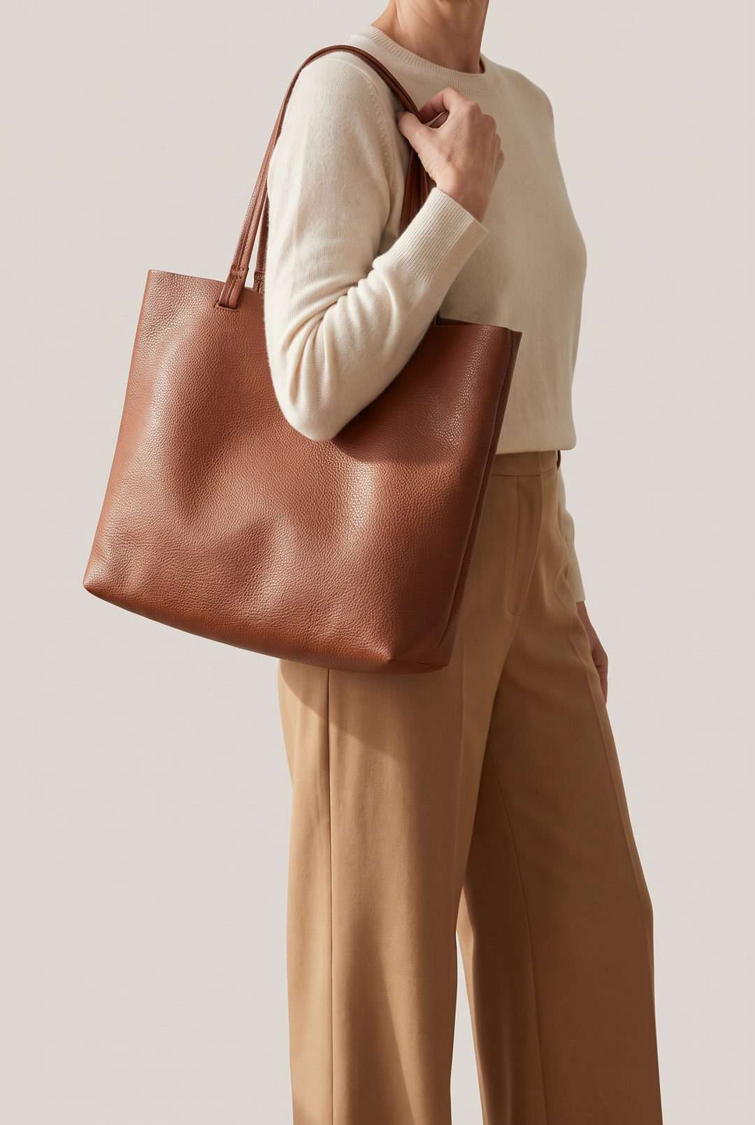 Reyna minimalist tote in brown - worn on the shoulder