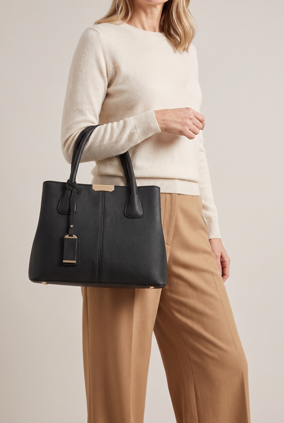 Elnora top-handle tote in black - carried on the arm