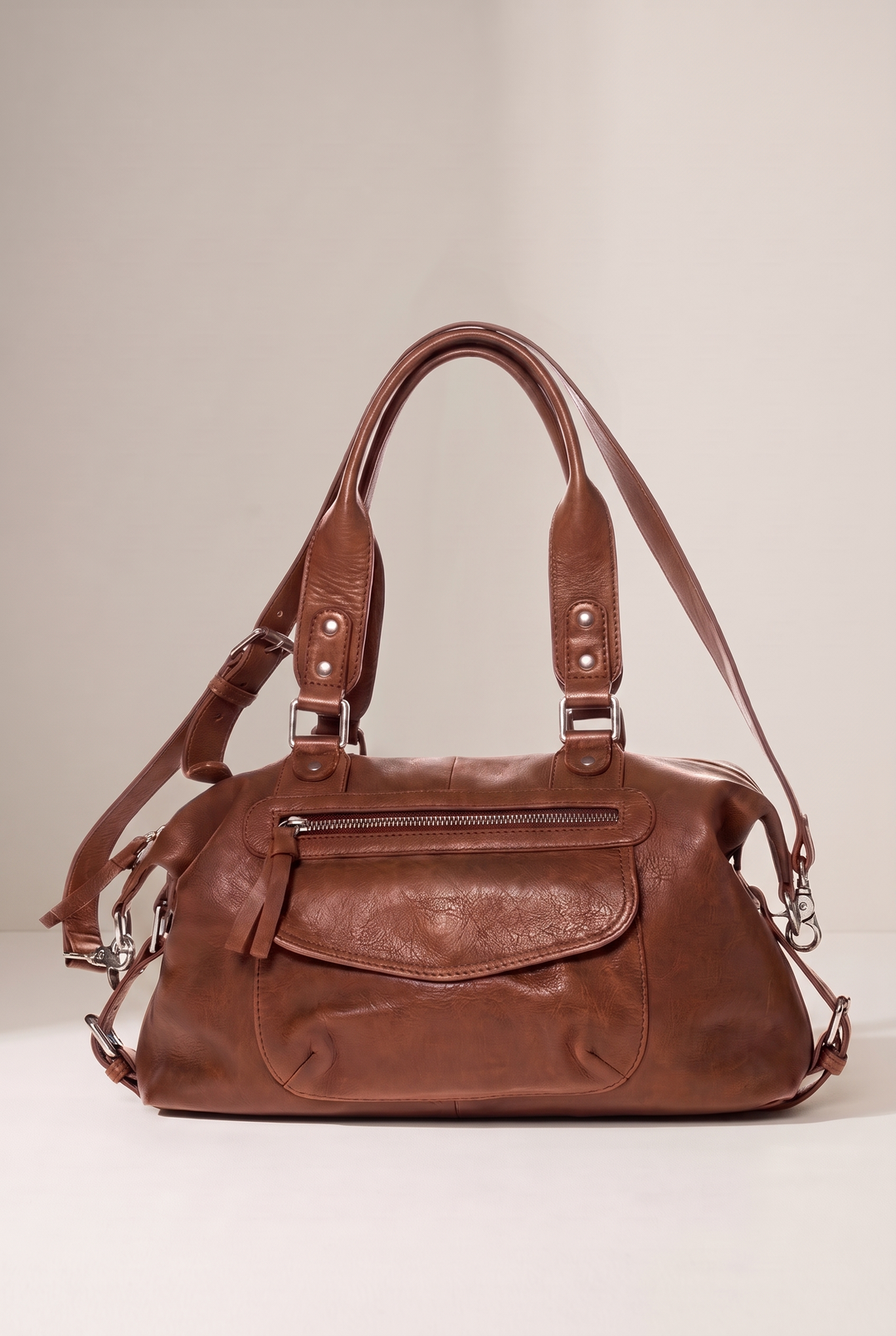Elsie soft faux leather shoulder bag in brown - front view
