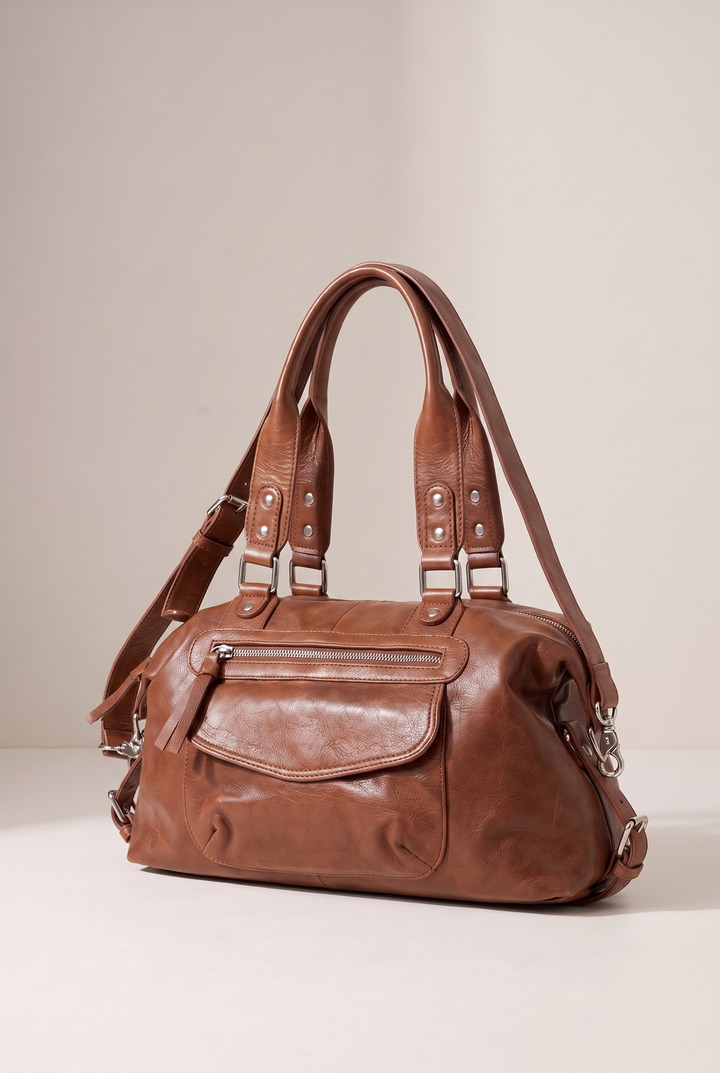 Elsie soft faux leather shoulder bag in brown - angle view
